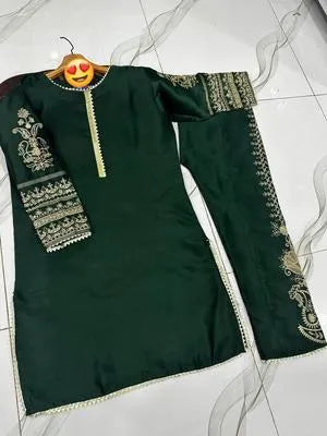 2 Pcs Women's Stitched Shamoz Silk Gota Work Shirt And Trouser