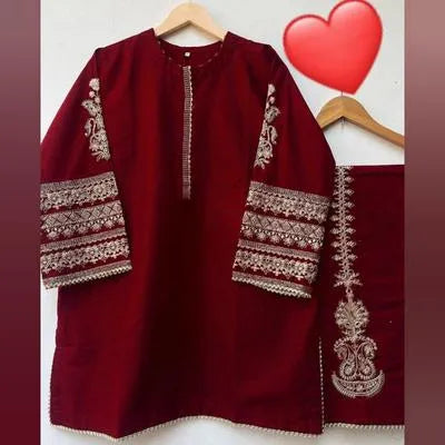 2 Pcs Women's Stitched Shamoz Silk Gota Work Shirt And Trouser