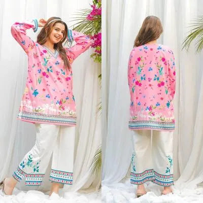 2 Pcs Women's Stitched Swiss Lawn Printed Shirt And Trouser