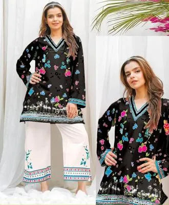 2 Pcs Women's Stitched Swiss Lawn Printed Shirt And Trouser