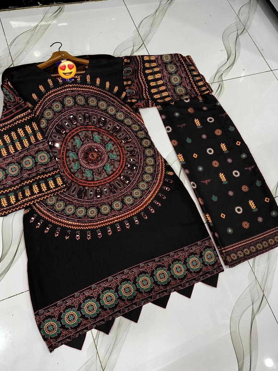 2 Pcs Women's Stitched Swiss Lawn Mirror Work Shirt And Trouser