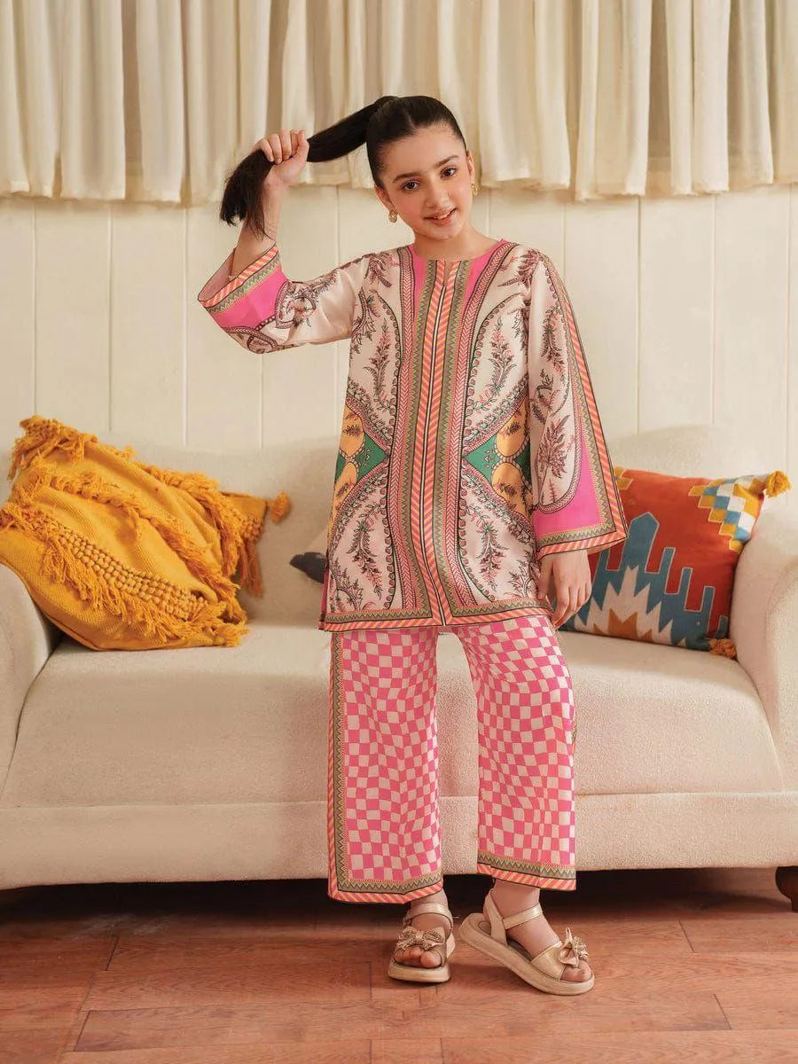 2 Pcs Girl's Lawn Printed Shirt And Trouser Suit