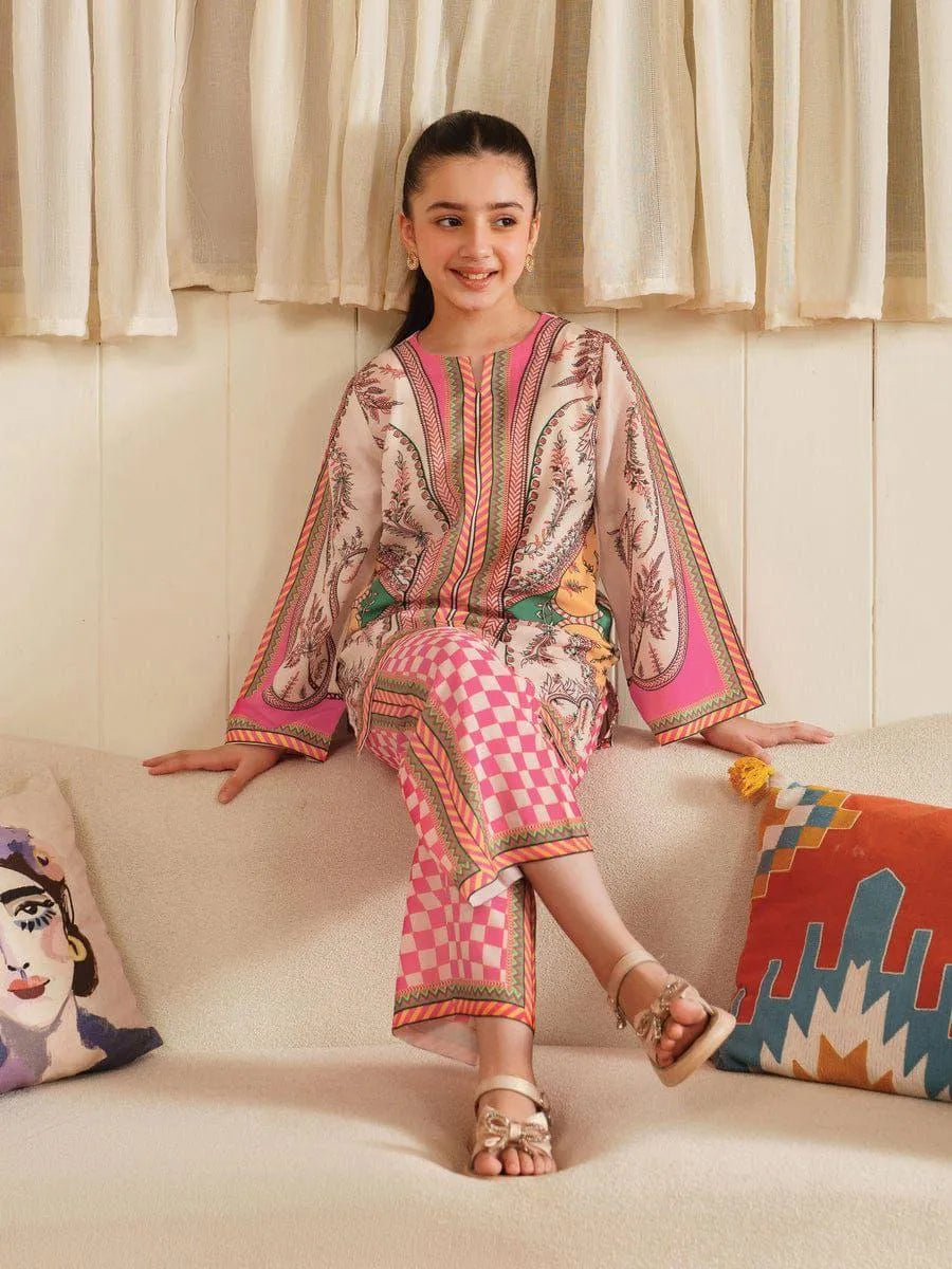 2 Pcs Girl's Lawn Printed Shirt And Trouser Suit