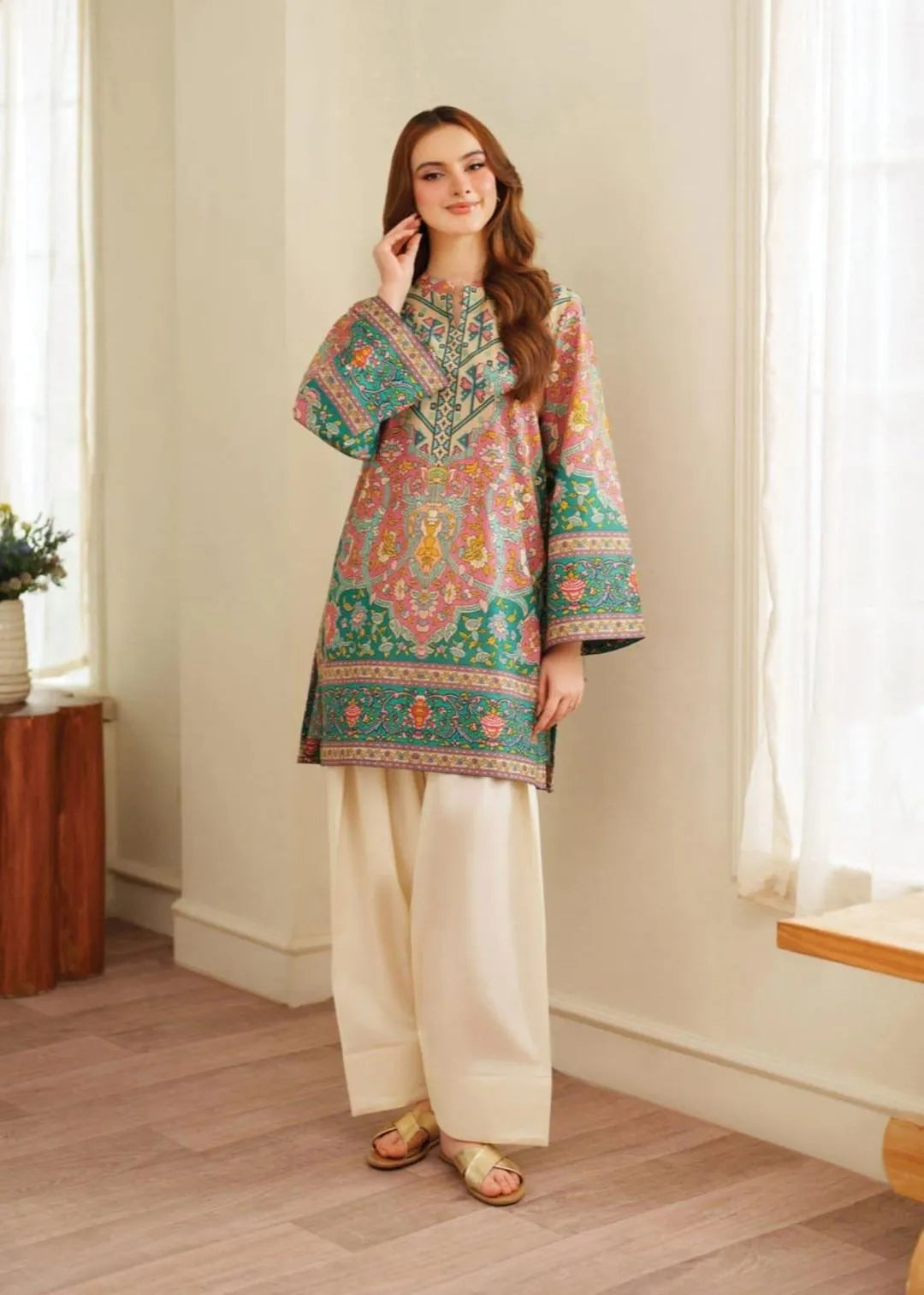 2 Pcs Women's Stitched Khaddar Printed Shirt And Trouser